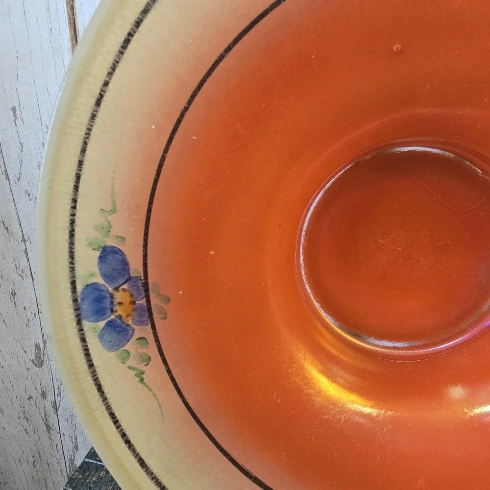 Lancaster Stretch Glass Ruby Lustre‎ Orange Blue Flowers Bowl Compote